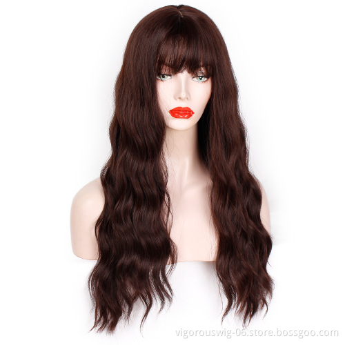 Vigorous Long Wavy Wigs with Bangs Middle Part Body Wave Synthetic Wig Heat Resistant Fiber Wigs for African American Women